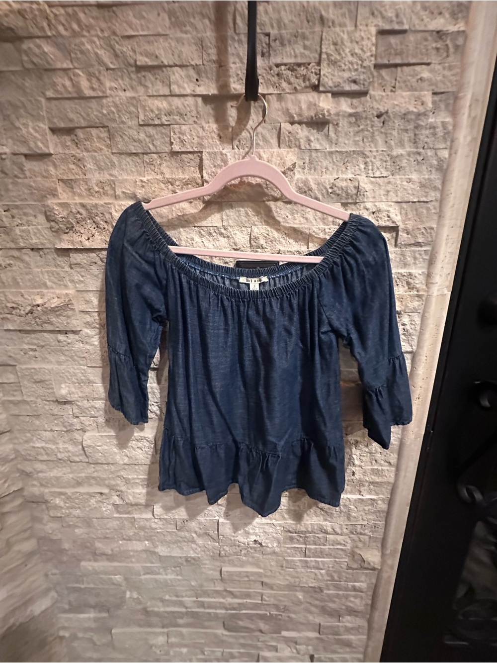 miami lightweight denim Blue Off-Shoulder Peasant Blouse